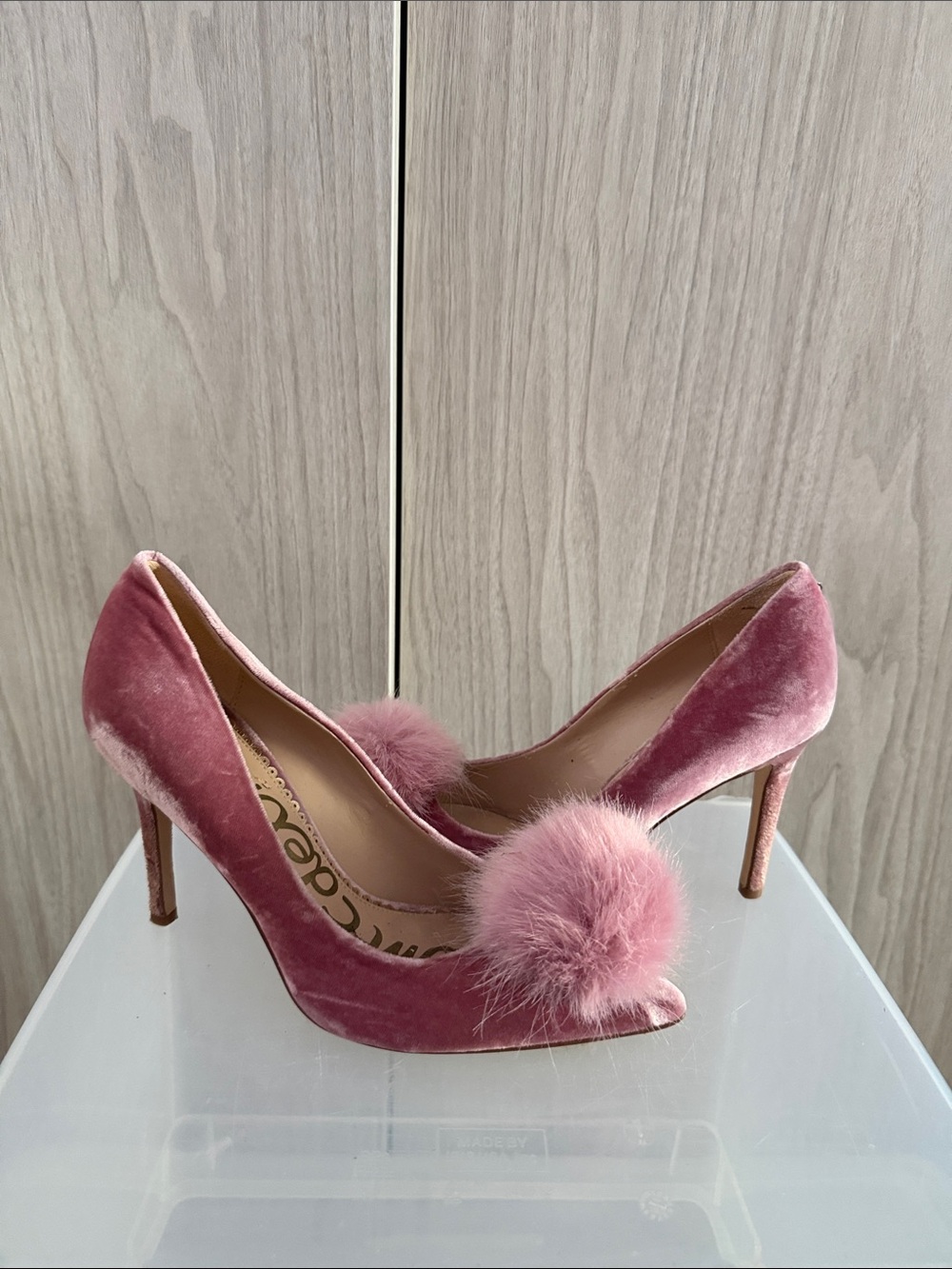 Sam Edelman Pink Velvet Pom Pom Pointed Toe Heels - Picture 2 of 7